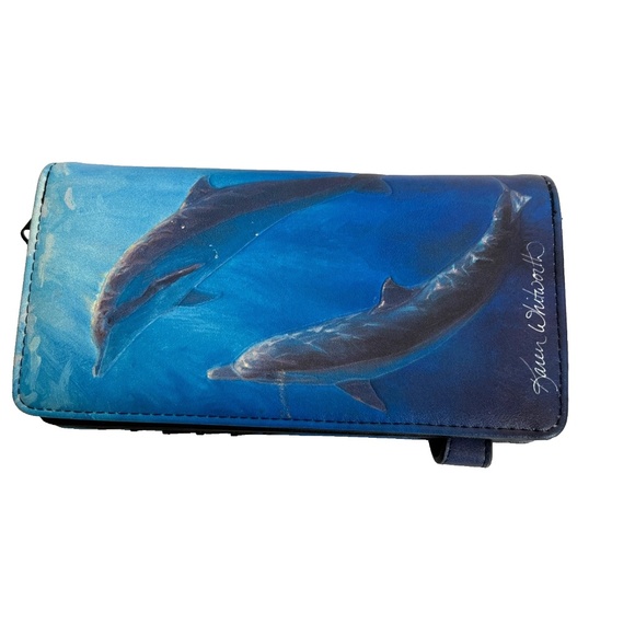 Cedar Paddle Wallet 2 Dolphins Bifold 7 1/2"  Long Blue Snap Closure Whitworth - Picture 2 of 7